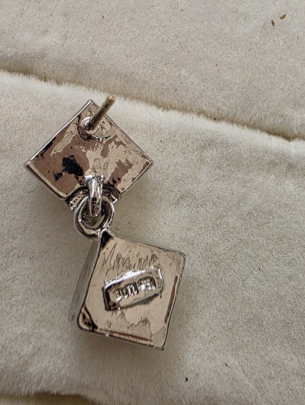 Butler: Clear Square Crystal Drop Earrings - Dangle Double Square 14K Gold Post - Picture 4 of 7